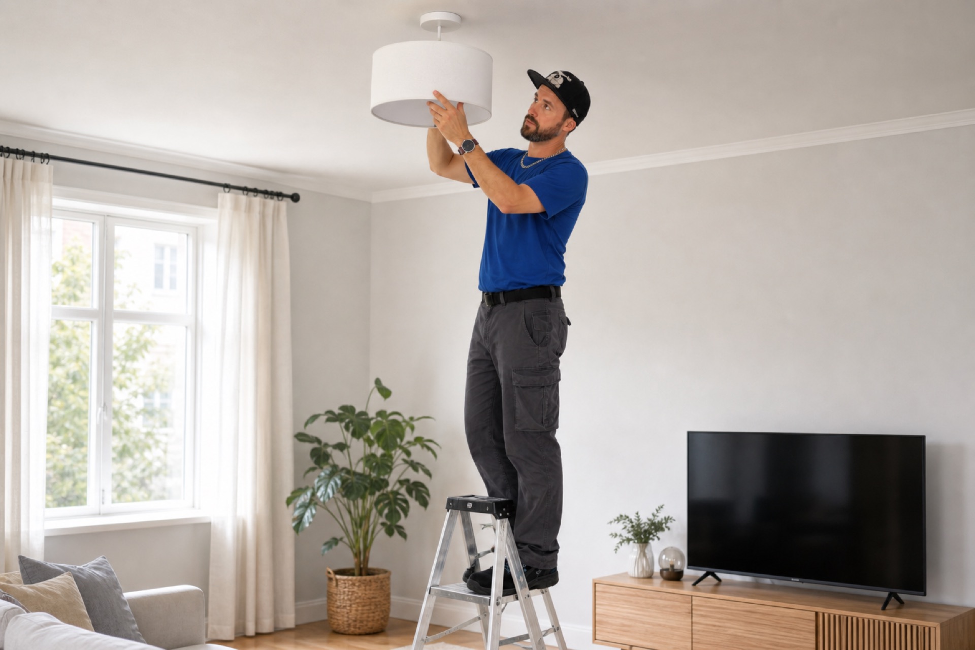 Walter hängt eine moderne Deckenlampe in einem hellen Wohnzimmer auf