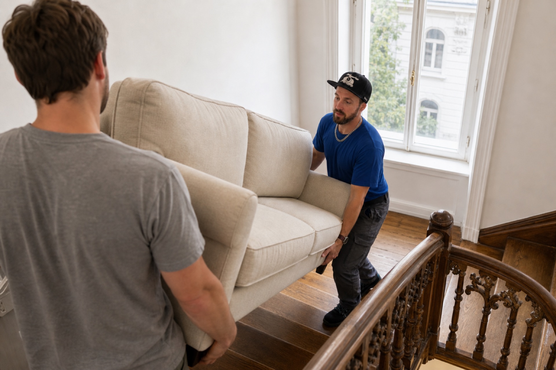 Walter trägt mit einem Helfer ein Sofa ein helles Treppenhaus hinunter