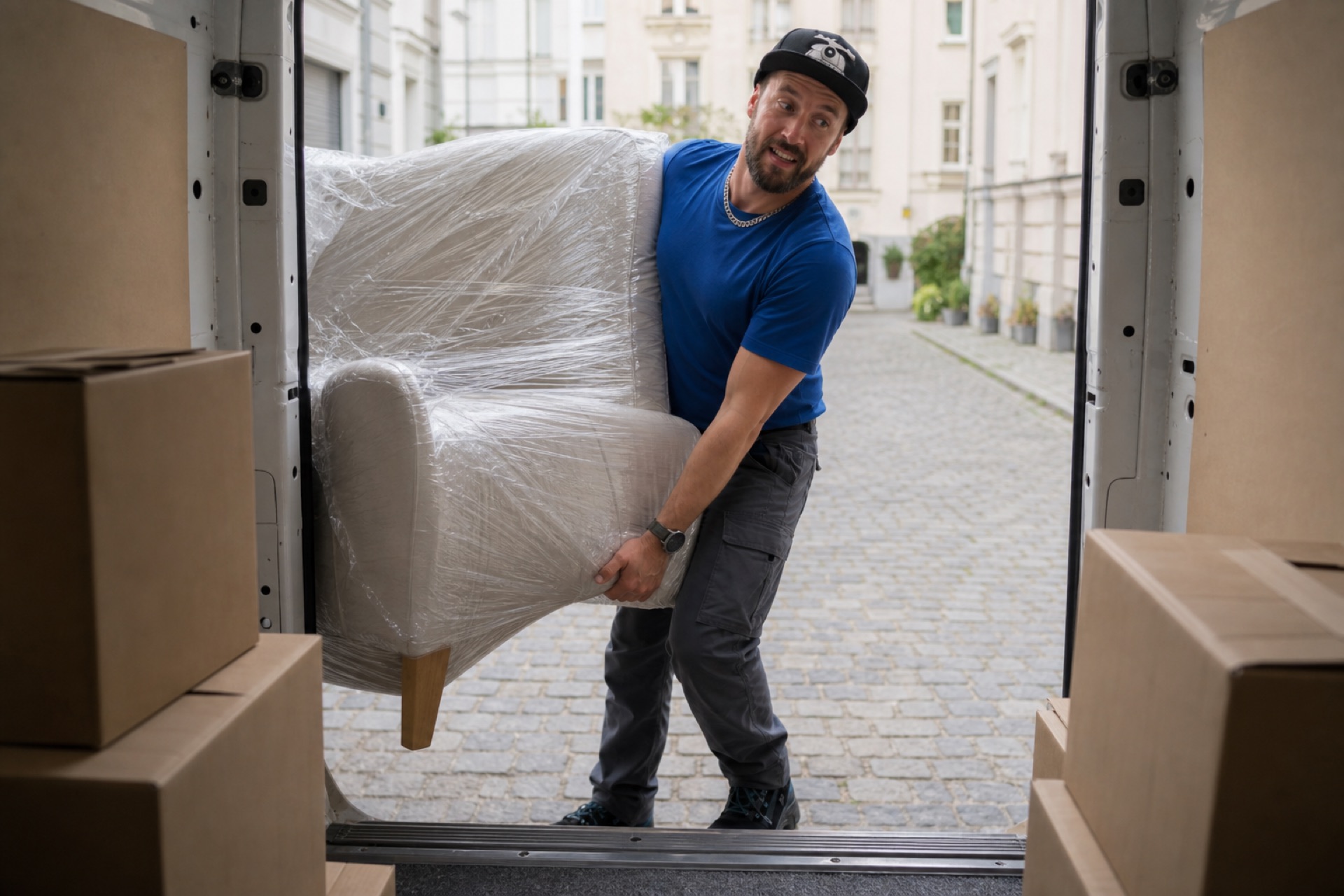 Walter belädt einen weißen Transporter von hinten