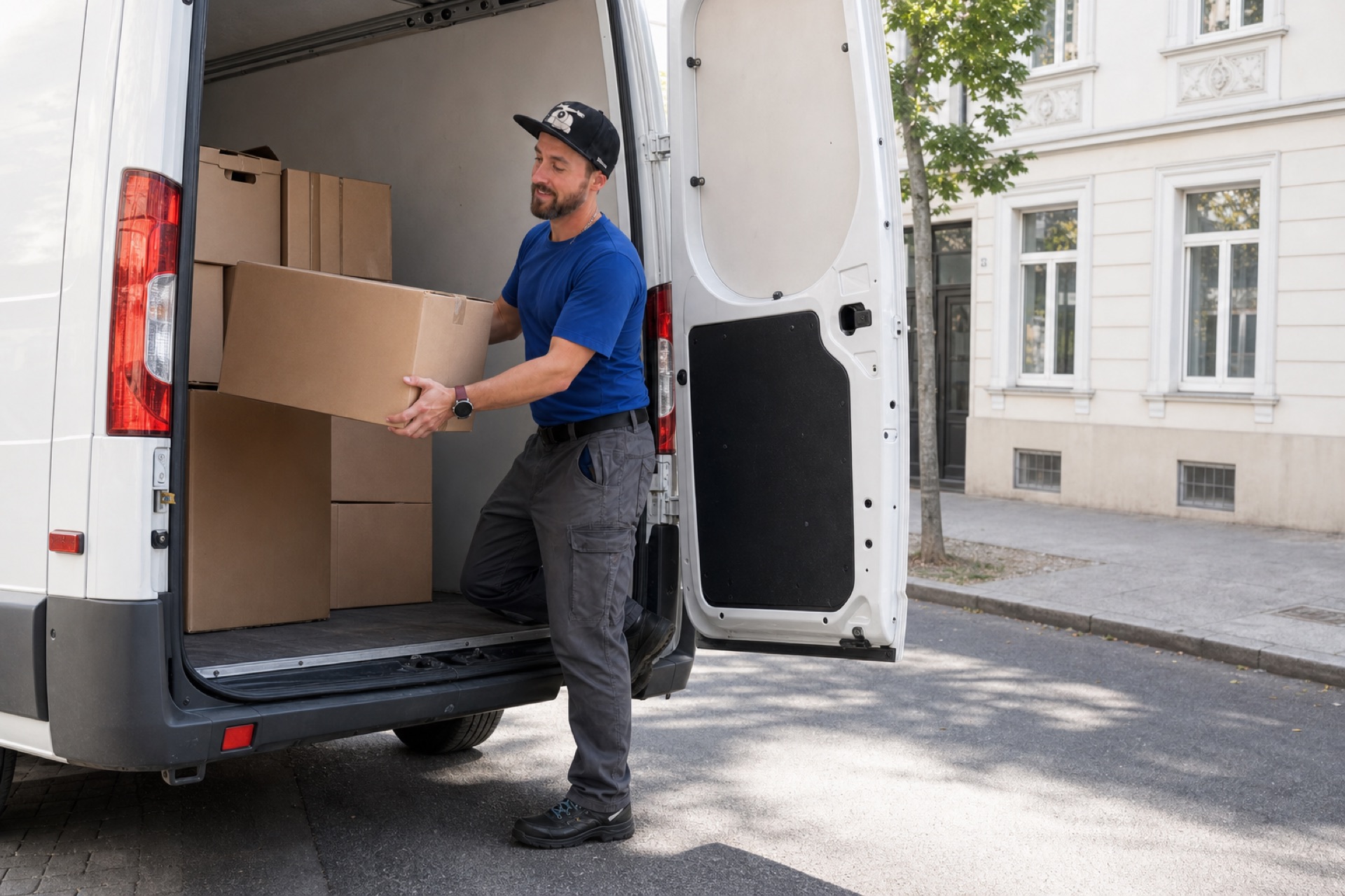 Walter belädt einen weißen Transporter mit Kartons vor einem Wohnhaus in Wolfsburg